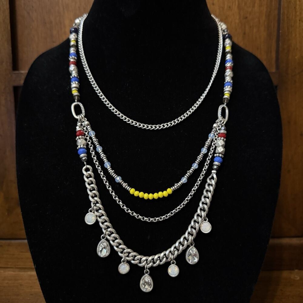 Premier Designs JESS Multi Strand Rhinestone Beaded Necklace Silver Tone Chain